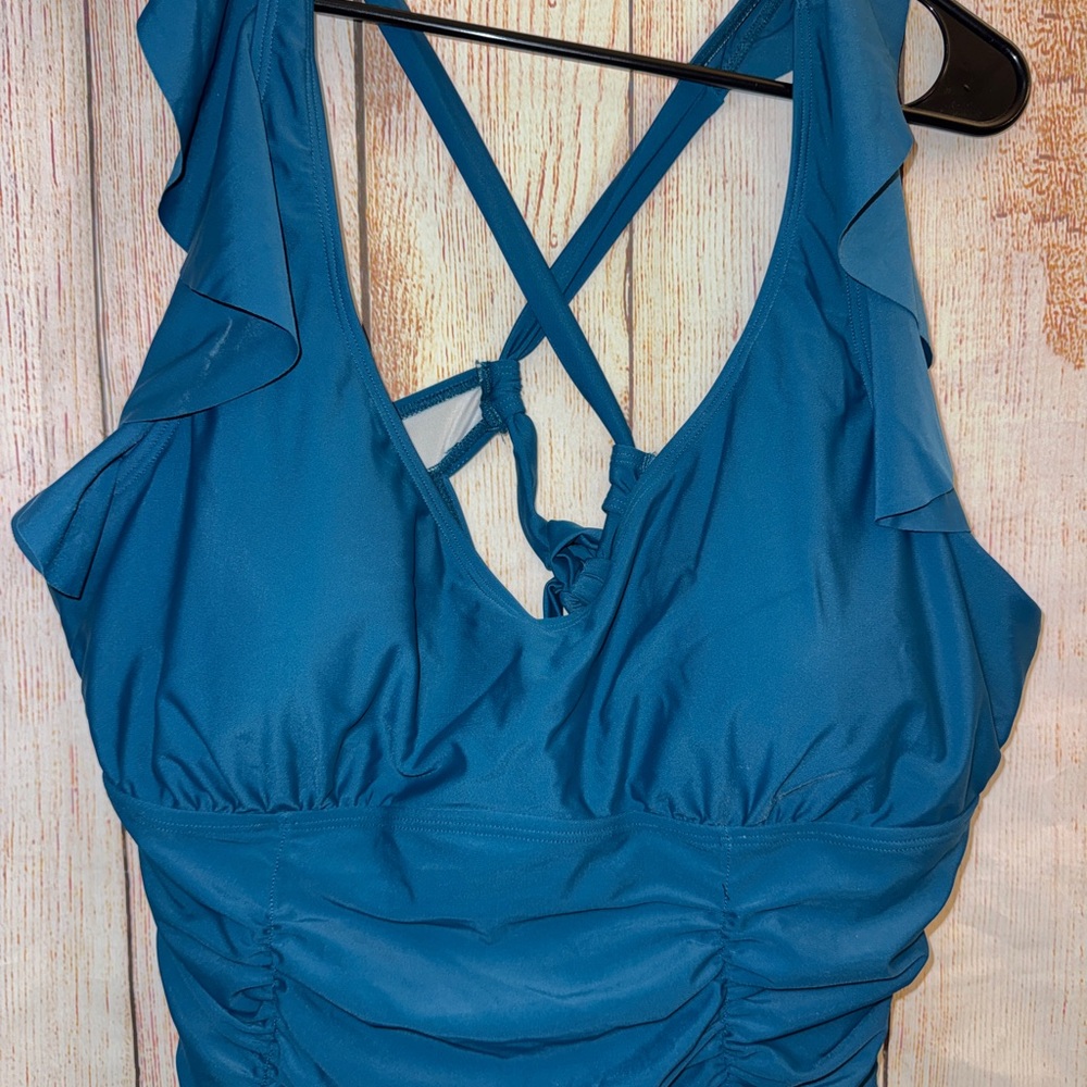 Teal Ruffle-Shoulder One-Piece Swimsuit with Crisscross Back  ruched sides 2XL - Picture 2 of 8